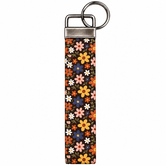 Floral Keychain with Colorful Fall Flowers, Keychain Wristlet, Key Fob Wristlet